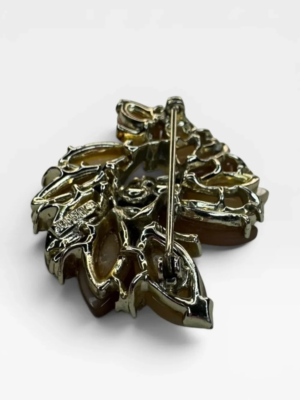 Lisner Lucite Leaf Brooch AB Crystal Floral Spray Pin Gold Tone